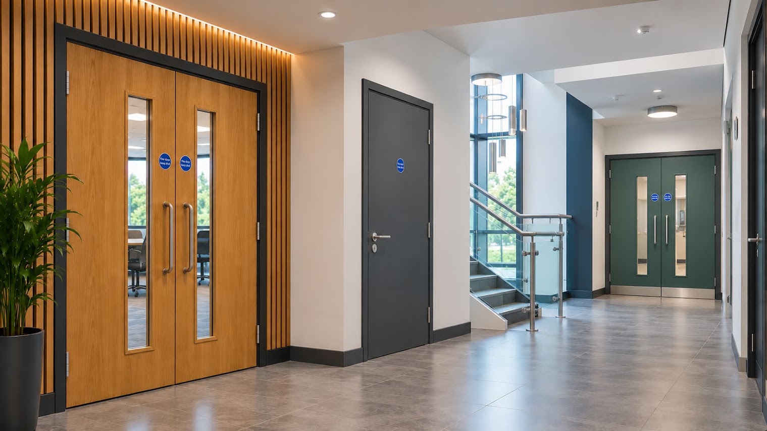 Office corridor with oak, grey and green fire door sets