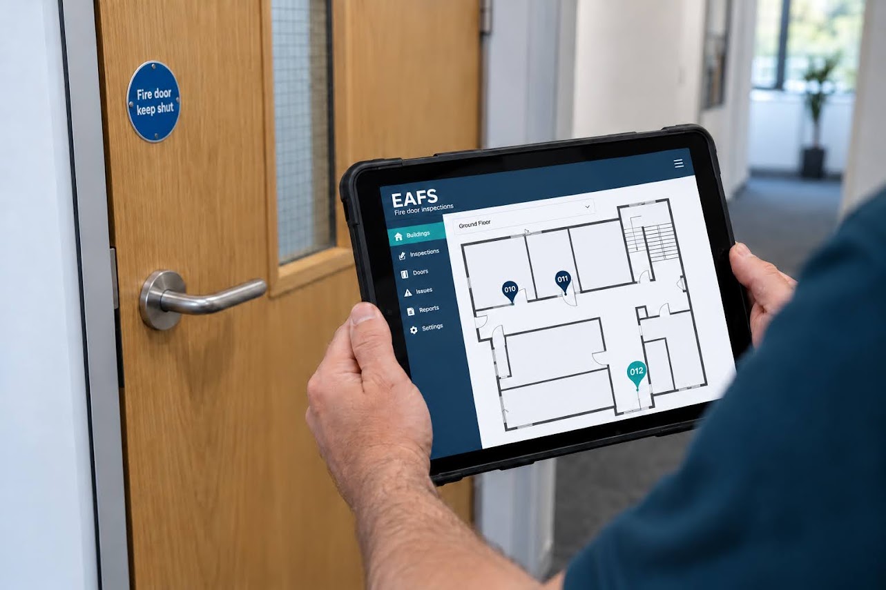 Inspector holding a tablet showing the EAFS fire door inspection app with a floor plan, beside an oak fire door